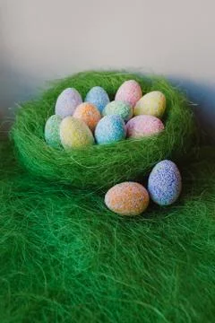 Easter eggs on green background 写真素材