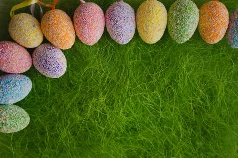 Easter eggs on green background Stock Photos