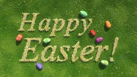 Easter eggs on green grass and growing flowers in shape of happy easter text. Vídeo Stock 269350560