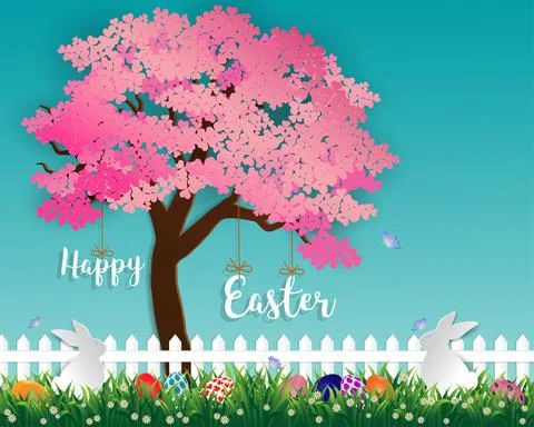 Easter eggs on green grass in the garden with white rabbits,little daisy and  Stock Illustration