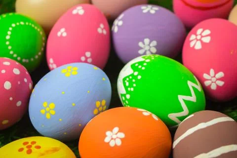 Easter eggs on the green grass. Stock Photos