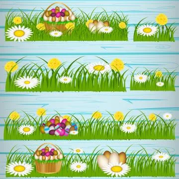 Easter eggs on the green grass. Seasonal holidays in April. Colorful egg and flo Stock Illustration