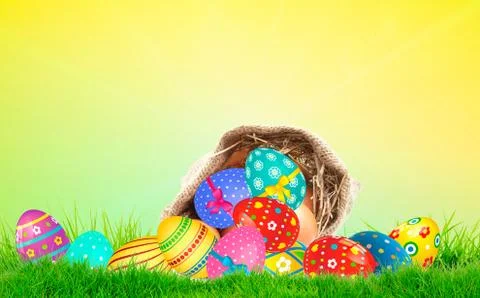 Easter Eggs on a green grass. Spring time Stock Illustration