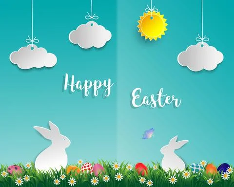 Easter eggs on green grass with white rabbit,little daisy,butterfly,cloud and Stock Illustration