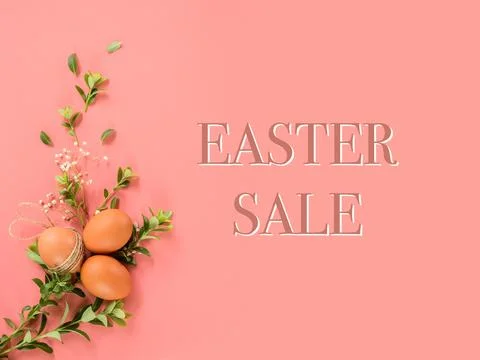 Easter eggs with greenery, copy space for text, promo or message. easter Stock Photos