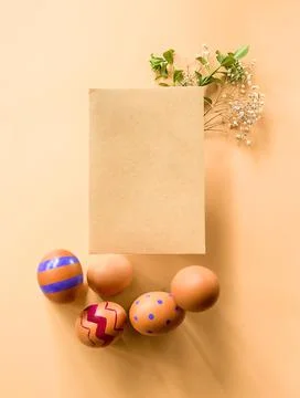 Easter eggs with greenery, copy space for text, promo or message. easter Stock Photos