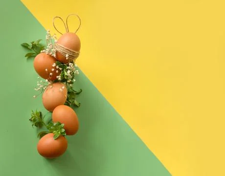 Easter eggs with greenery, copy space for text, promo or message. easter Stock Photos