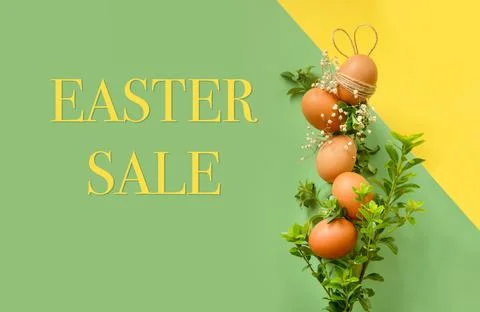 Easter eggs with greenery, copy space for text, promo or message. easter Stock Photos