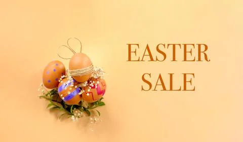 Easter eggs with greenery, copy space for text, promo or message. easter Stock Photos