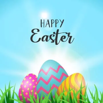 Easter eggs greeting card in spring garden grass Illustrazione stock
