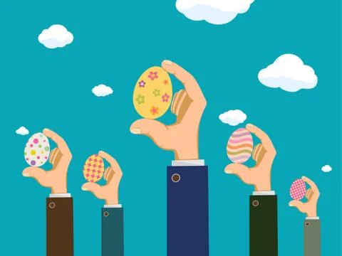 Easter eggs in the hands of people. Festive background with sky and clouds. Stock-Illustration