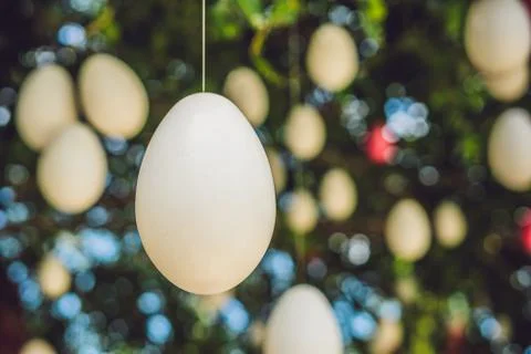 Easter eggs hang on ropes on a tree. 스톡 사진