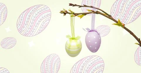 Easter eggs hanging on branch in front of pattern Stock Illustration