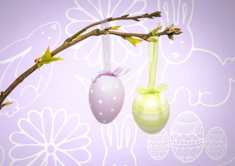 Easter eggs hanging on branch in front of pattern Stock Illustration