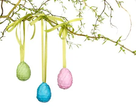 Easter eggs hanging from a branch Stock Photos