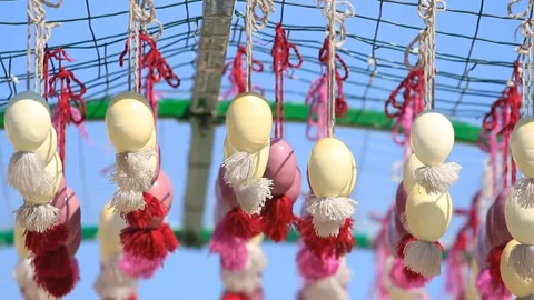 Easter eggs hanging on the ribbons Stock Footage 88104415