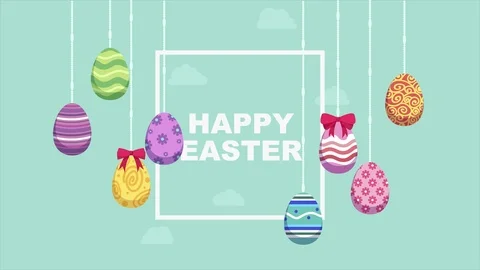 Easter eggs hanging on solid background. Colorful Easter eggs greating with hang Stock Footage 104826179