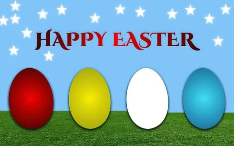 Easter eggs with Happy Easter text on green grass and blue sky Stock Illustration