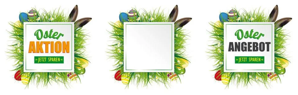 Easter Eggs Hare Ears Grass Frames Osterangebot Header German text Osteran... Stock Photos