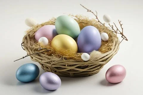 Easter eggs in hay basket Stock Photos