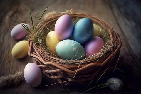 Easter eggs in hay basket Stock Photos