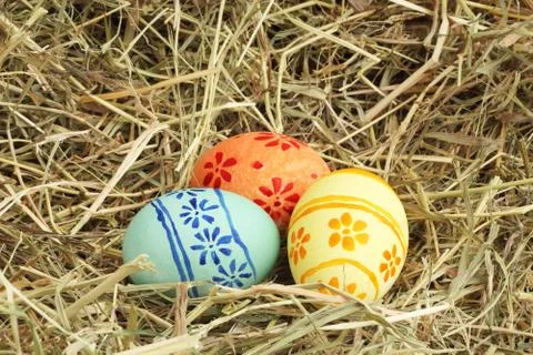Easter eggs on hay Stock Photos