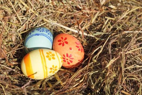 Easter eggs on hay Stock Photos