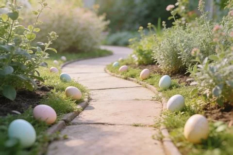Easter eggs hidden along a garden path in soft morning sunlight Stock Photos