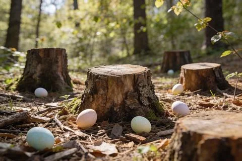 Easter eggs hidden among tree stumps in a sunlit forest clearing Stock Photos