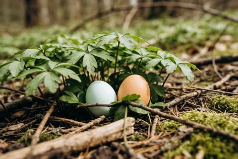 Easter eggs hidden in the forest floor among green leaves and mossy ground Stock Photos