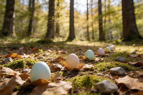 Easter eggs hidden in a forest path with autumn leaves and moss Stock Photos