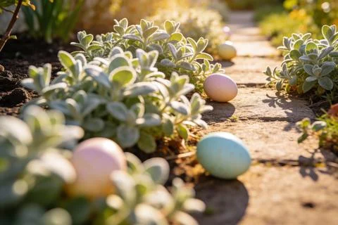 Easter eggs hidden in a garden path with soft morning sunlight Stock Photos