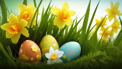 Easter eggs hidden in the grass with a daffodil flower in the background. Stock Illustration
