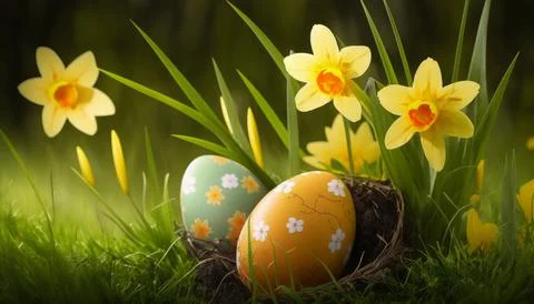 Easter eggs hidden in the grass with a daffodil flower in the background. Stock Illustration
