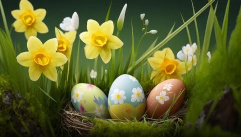 Easter eggs hidden in the grass with a daffodil flower in the background. Stock Illustration