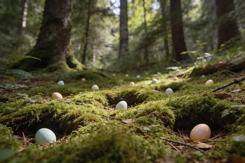 Easter eggs hidden in mossy forest floor with dappled sunlight filtering th.. Stock Photos