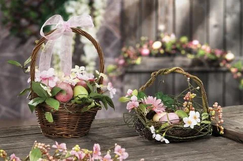 Easter eggs hidden in natural straw nest Stock Photos