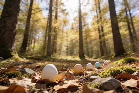 Easter eggs hidden in a sunlit forest floor with autumn leaves and moss Stock Photos
