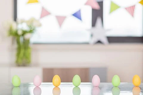 Easter eggs at home on table. Holiday background Stock Photos