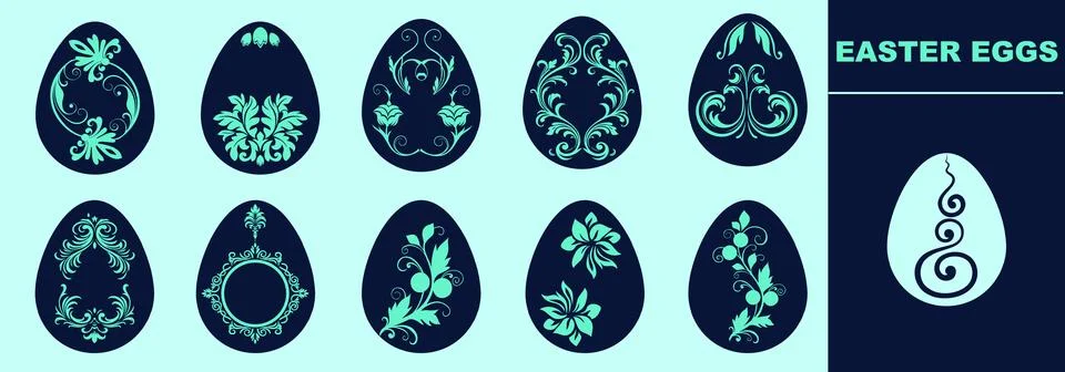 Easter eggs icon set adorned with ornate details, including swirls and filigree Stock Illustration