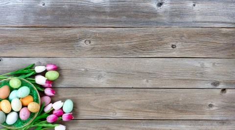Easter eggs inside basket with tulips on lower left corner of weathered wood Stock Photos
