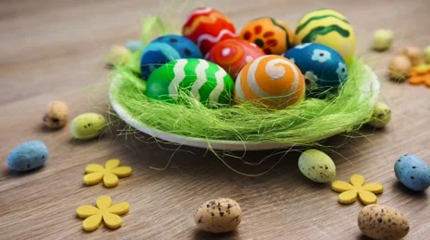 Easter Eggs Large and Small in the Bowl on Bright Wooden Background Stock Footage 61744246