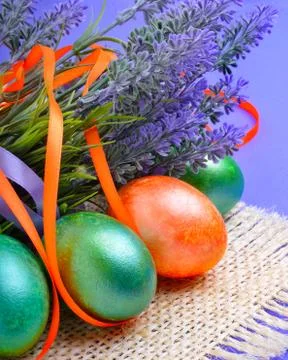 Easter  eggs with lavender. Stock Photos