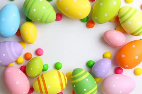 Easter eggs on a light background, festive background Stock Photos