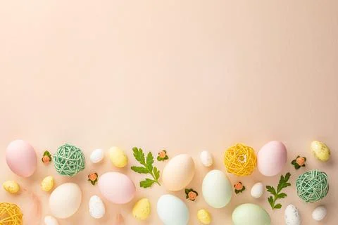 Easter eggs on a light pink background with a blank copy space for Easter Stock Photos