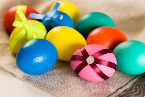 Easter eggs  on linen background Foto stock
