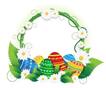 Easter eggs with lush foliage and daisies Stock Illustration
