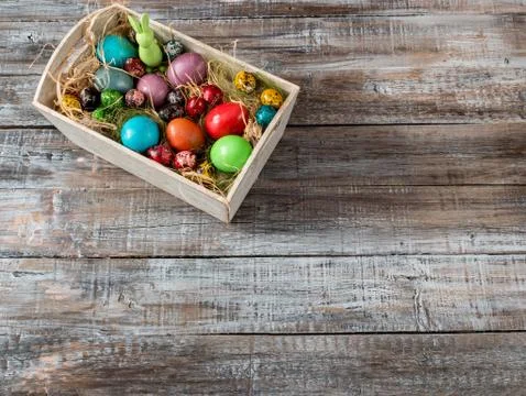 Easter eggs lying in a basket.Easter Egg.Easter ideas.Happy easter Stock Photos