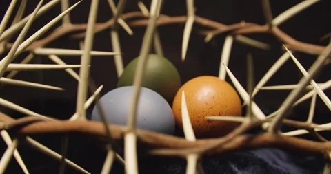 Easter eggs lying in the crown of thorns, the true symbol of Easter celebration. Video stock 306130672