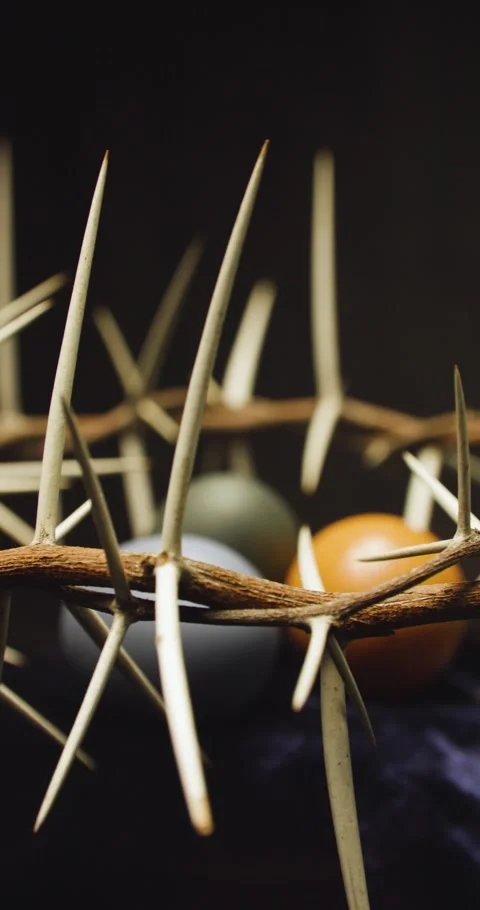 Easter eggs lying in the crown of thorns, the true symbol of Easter celebration. Stock Footage 306130748